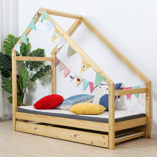 Children Toddler Bed House Bed Frame Premium Wood Floor Bed Kids Tent Bed Play Tent, Comfort & Safe(Twin Size)