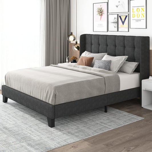 Full Size Wingback Bed Frame with Square Stitched Headboard, Fabric Upholstered Platform Bed, Strong Wood Slats Support Bed Mattress Foundation, No Box Spring Needed, Dark Grey